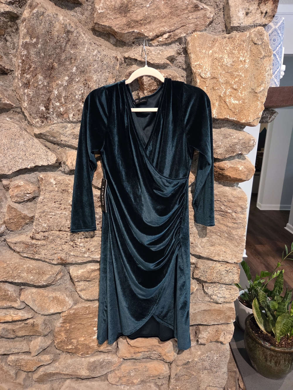 Luxe Deep Emerald Velvet Draped Faux-Wrap Long Sleeve Dress